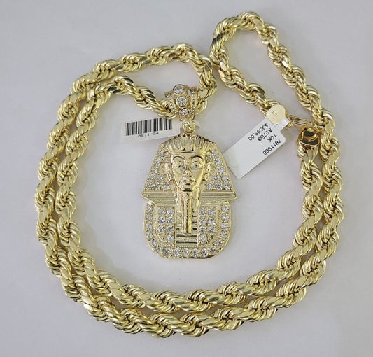 Real 10k Gold Rope Chain & Pharaoh Charm Pendant SET 18-30'' 8mm Necklace Men's