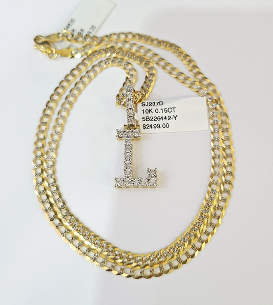 10k Gold Chain Necklace L Diamond Initial Pendant Set Cuban Curb 3mm 20"-30"