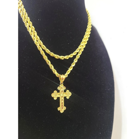 10K Gold 3mm Rope Chain Filigree Cross Pendant Charm Necklace Set 18"-28" Unisex