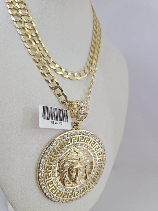 10k Gold Solid Cuban Curb Chain Necklace Medusa Head Pendant Set 6mm 20"-30"