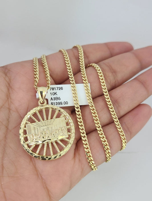 10k Gold Solid Miami Cuban Chain Necklace Last Supper Pendant 2.5mm 18-24" Set
