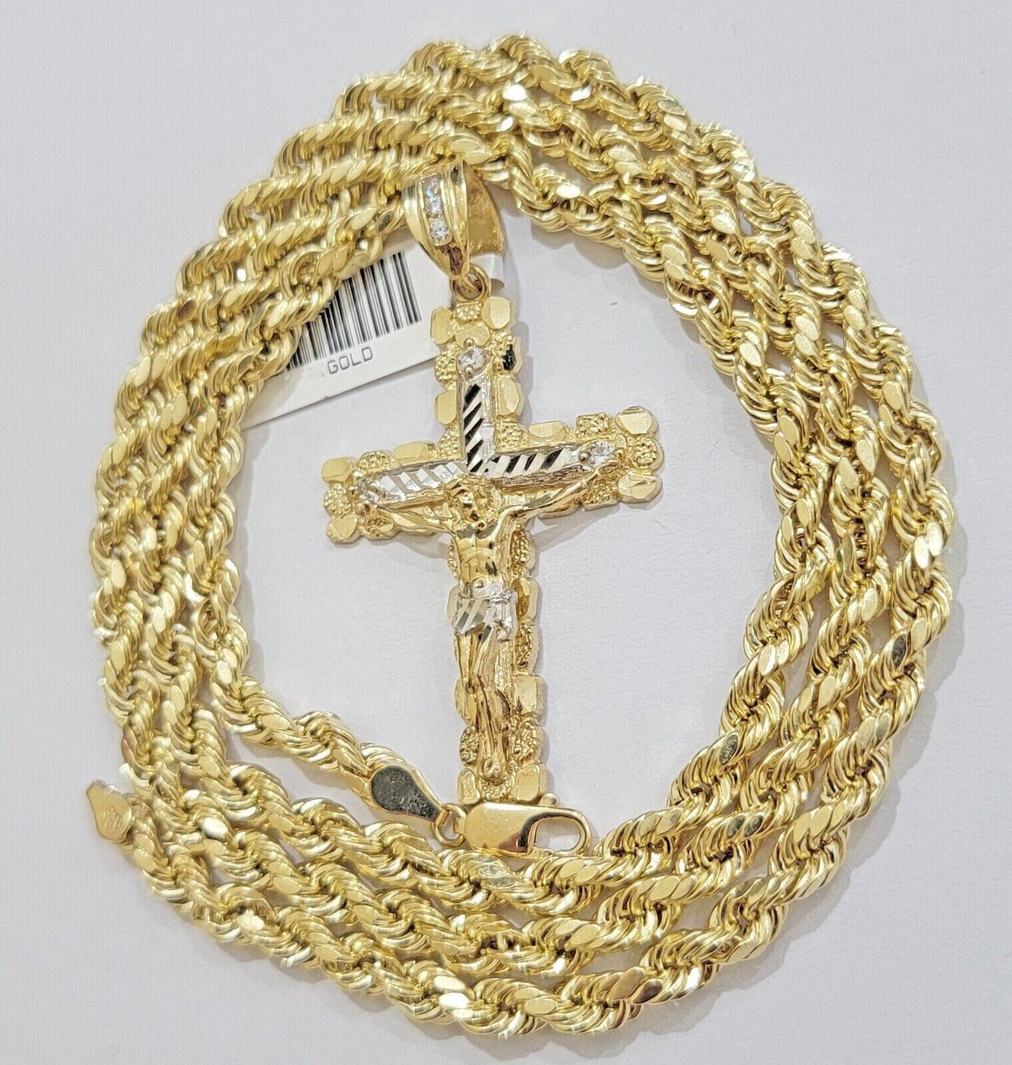Real 10k Gold Rope Chain 22 inch Jesus Cross Charm Pendant Set 5mm Necklace Mens
