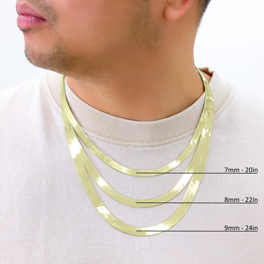 Solid 10K Yellow Gold 3mm-9mm Flat Herringbone Chain Necklace Women Men 16"- 24"