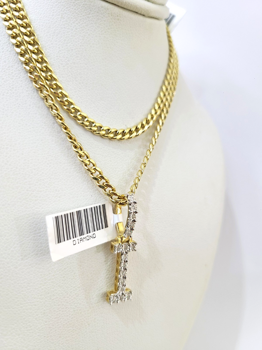 10K Gold Miami Cuban Chain I Diamond Initial 18"-24" 2mm Pendant Necklace SET