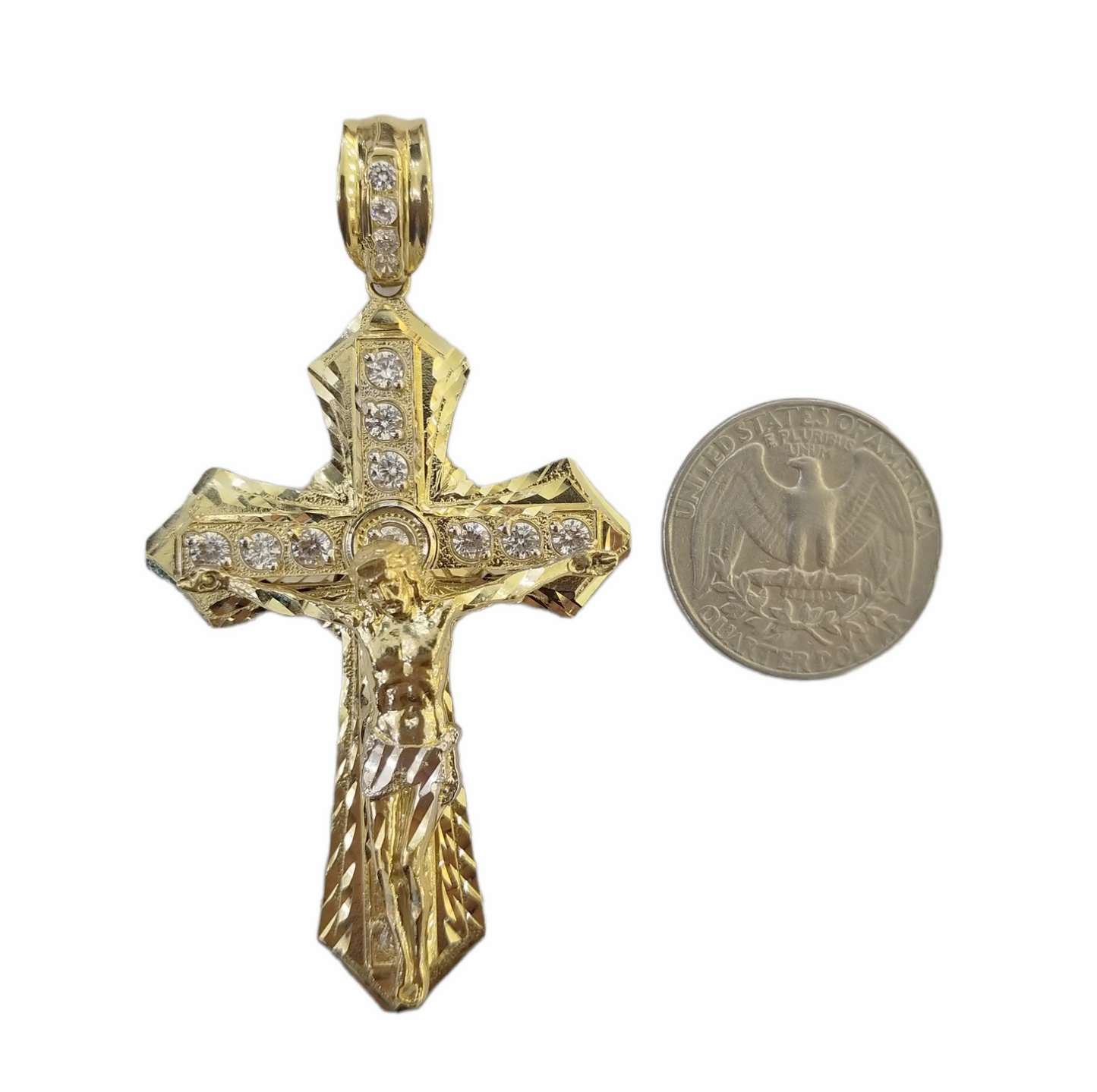 Real 10k Yellow Gold Jesus Cross Charm pendant 3.75" With cubic Zirconia for Men