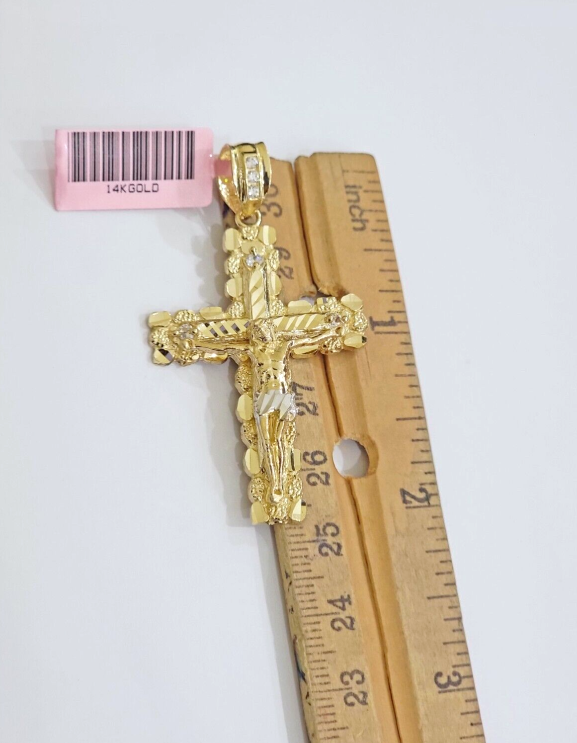14k Yellow Gold Cross Nugget Pendant Jesus Crucifix 2 Inch 14kt Charm Men's REAL