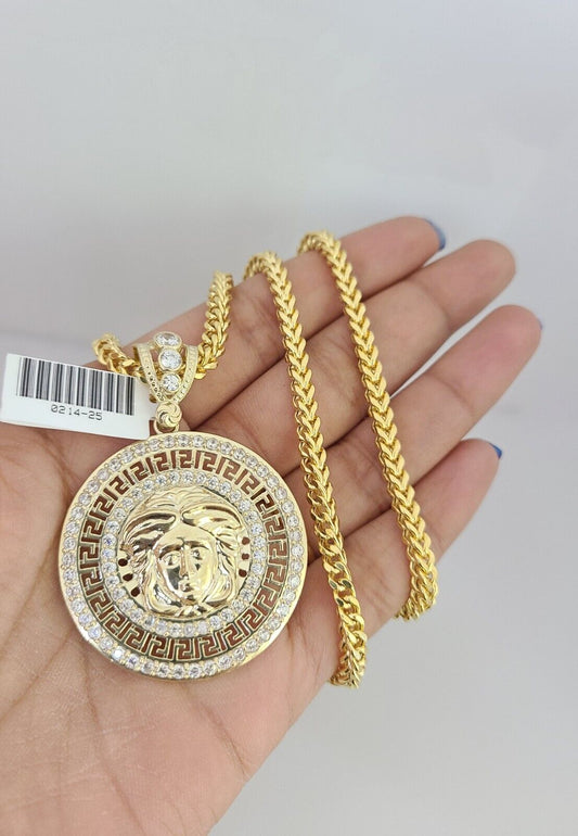 10k Yellow Gold Franco Chain Medusa Head Charm Pendant 4mm 18-28 Inch Necklace