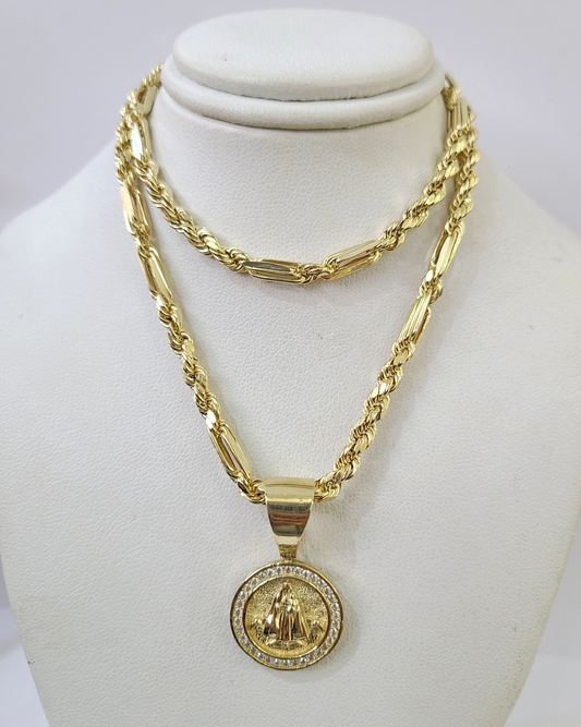 10k Gold Milano Rope Chain Virgin Mary Charm Necklace SET 4mm 18"-28" Pendant