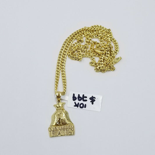 Dollar Bag 10k Gold Charm Pendant With Miami Cuban Chain 3mm "Every Body EATS"