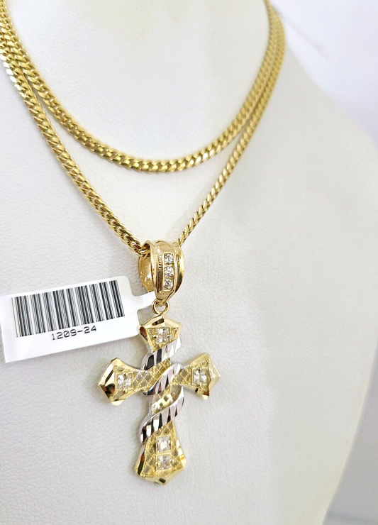 10k Gold Solid Miami Cuban Necklace Spiral Cross Pendant 2.5mm 18-24" Chain Set