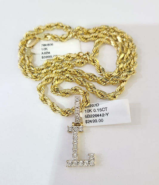 10k Rope Chain L Diamond Initial Charm Necklace Pendant Set 4mm 20"-30" Gold