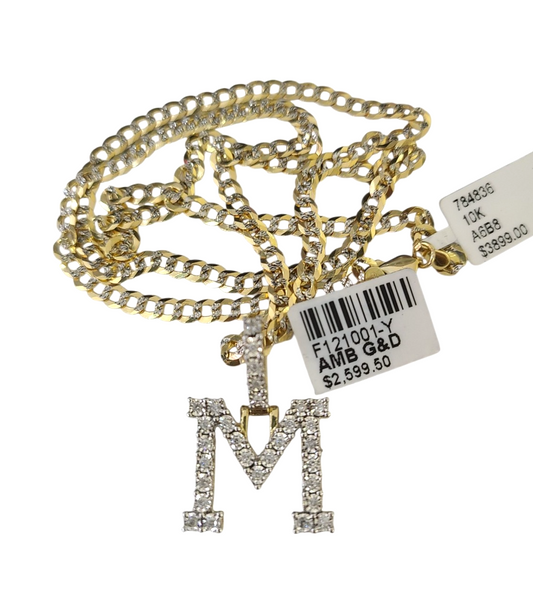 10k Gold Chain Necklace M Diamond Initial Pendant Set Cuban Curb 3mm 20"-30"