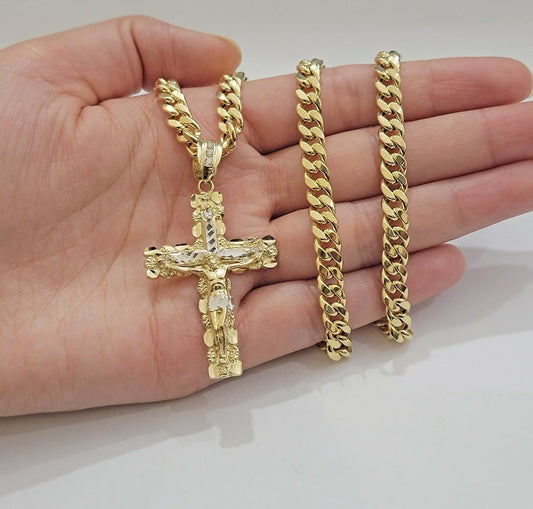 Real 14k Gold Chain Cross Pendant Necklace SET Miami Cuban Link 7mm 22"-28" 14kt