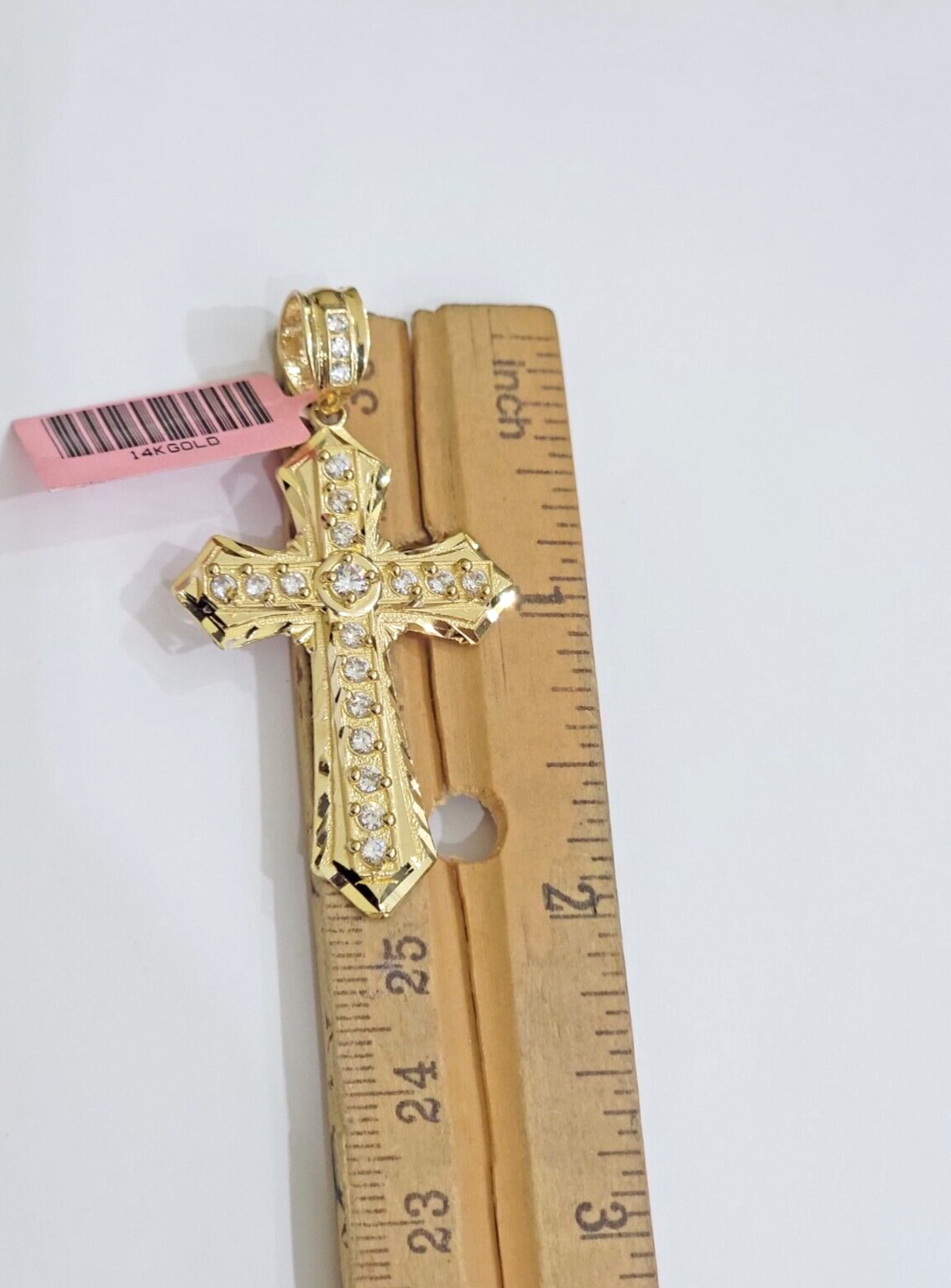Real 14k Yellow Gold Cross Charm Pendant 2 Inch Diamond Cuts CZ Charm For Chains