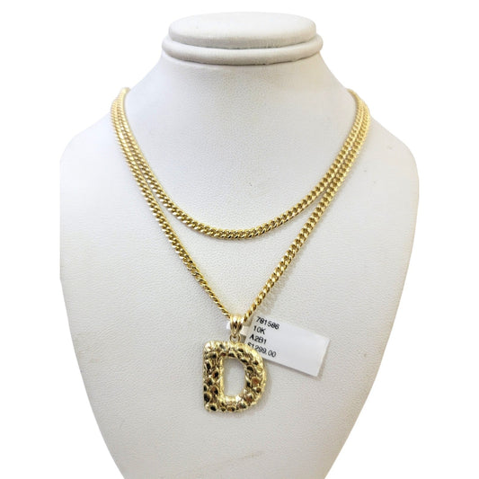 Real Gold 10k Miami Cuban Link Chain 2.5mm Pendant SET D Initial Charm Necklace