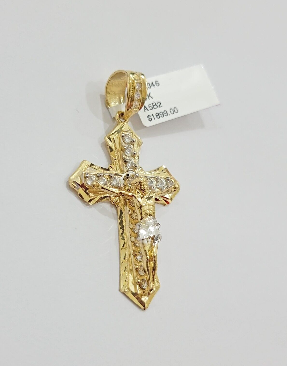 14k Yellow Gold Cross Jesus Crucifix Pendant 2 Inch 14kt CZ Charm Mens REAL 14kt