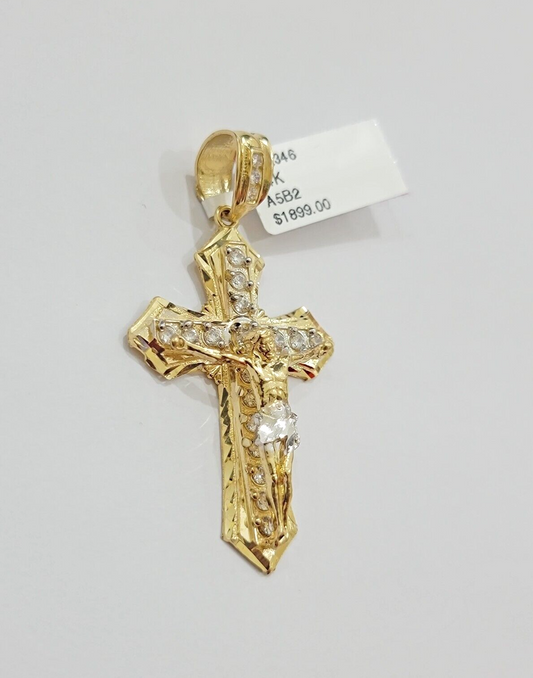 14k Yellow Gold Cross Jesus Crucifix Pendant 2 Inch 14kt CZ Charm Mens REAL 14kt