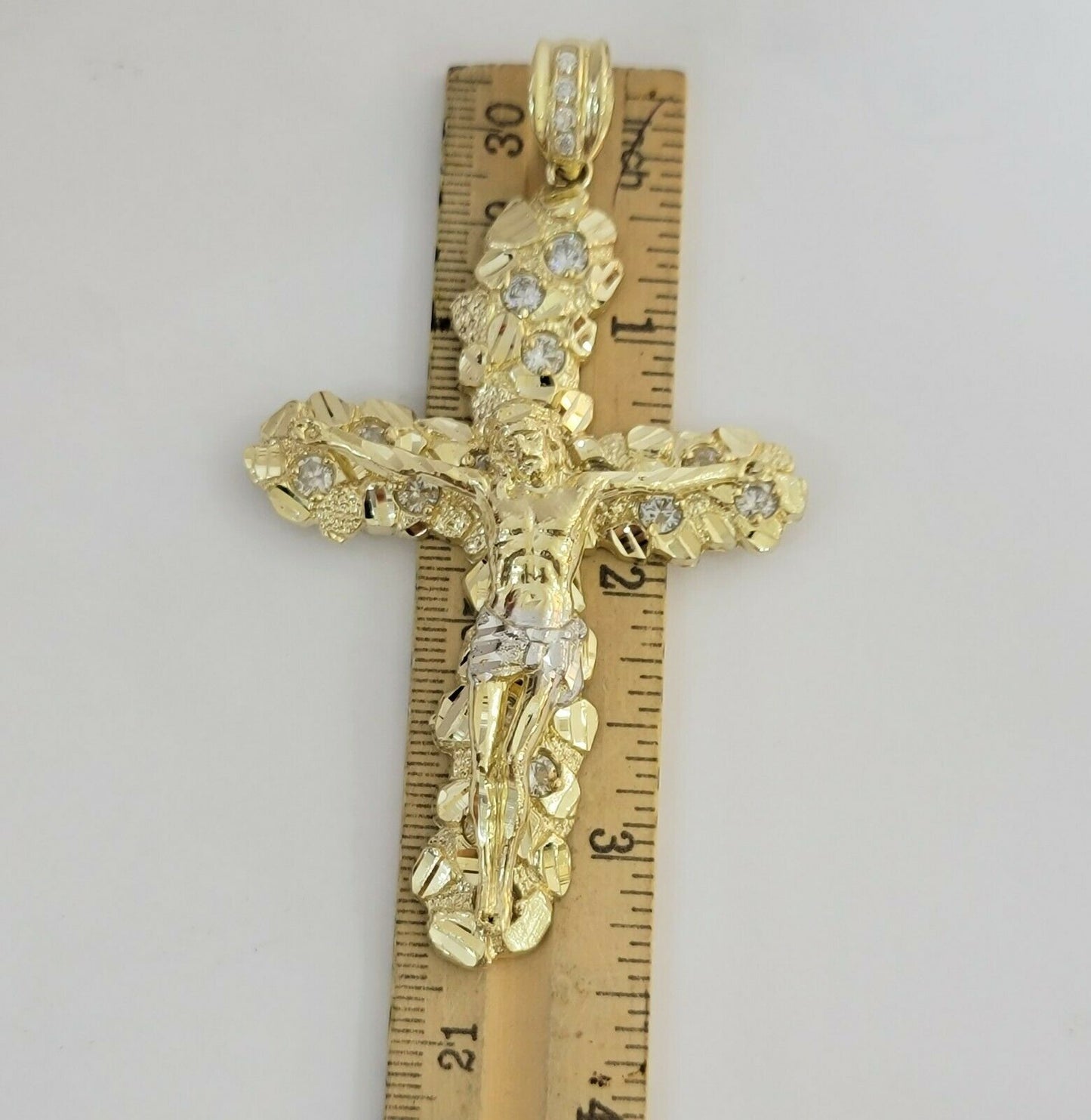 14k Yellow Gold Cross Nugget Jesus Crucifix Pendant 3.5 Inch 14kt Gold Mens REAL