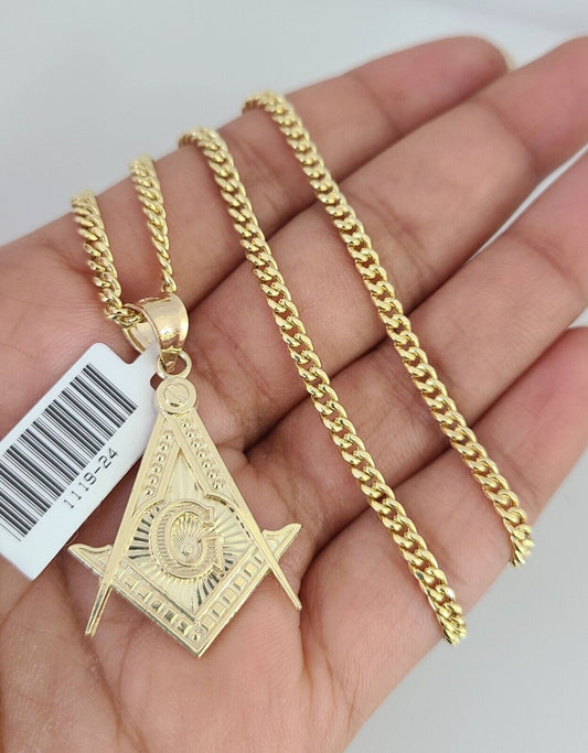 10k Gold Miami Cuban Chain Masonic Charm Pendant 3mm 18-28 Inch Necklace Set