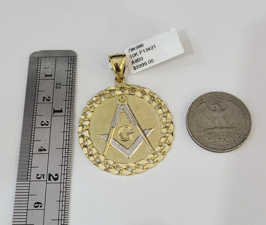 REAL 10k Yellow Gold Palm Chain Masonic Pendant Charm 3mm SET Necklace