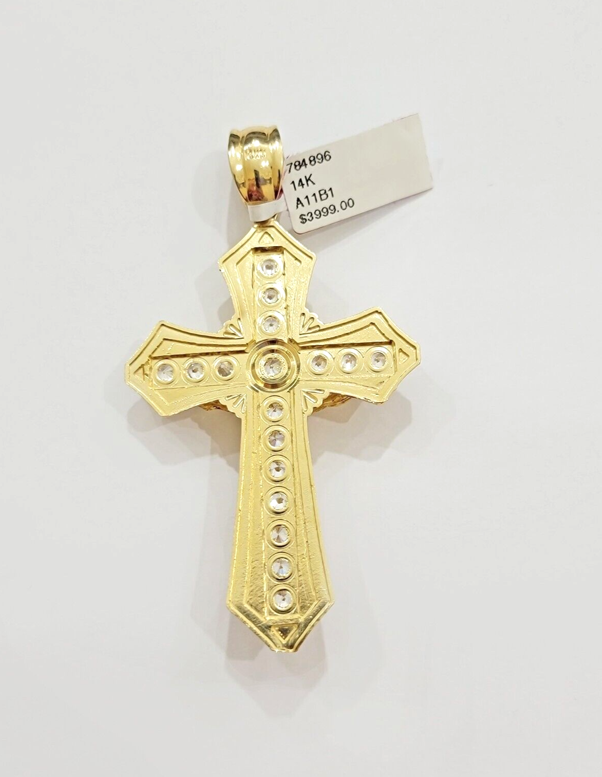 14k Yellow Gold Cross Charm Pendant Jesus Crucifix 3" With Stone Mens REAL 14kt