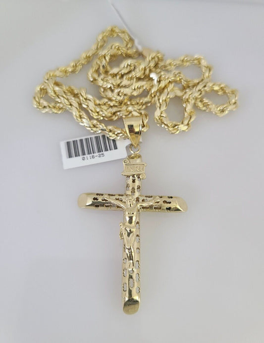 10kt Gold Rope Chain INRI Jesus Cross Charm Set 18"-30'' Inch 5mm Necklace