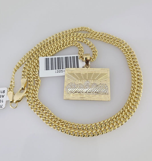 10k Gold Miami Cuban Necklace Last Supper Pendant Charm 3mm 18-28 Inch Chain Set