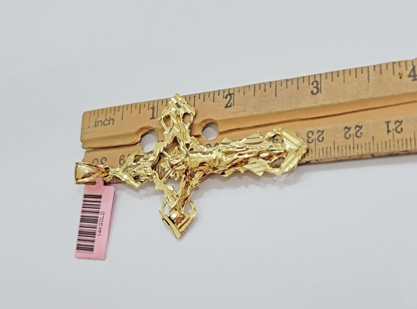 14k Yellow Gold Jesus Cross Charm Pendant 3 Inches Crucifix Chain Necklace SALE