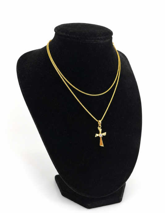 10k Gold Franco Chain Necklace Cz Stone Cross Charm 1mm 16-22 Inches Womens