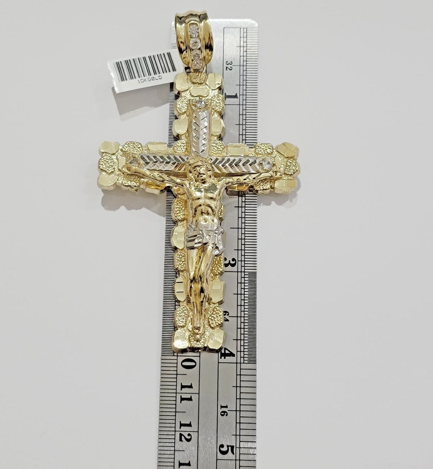 10k Yellow Gold Jesus Cross Charm pendant 4" Inch Mens With Stone Christmas Sale