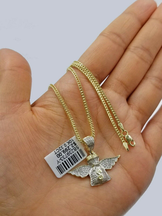 REAL 10k Yellow Gold Diamond Angel Wing Dollar Bag Pendant 3mm 22" Franco Chain