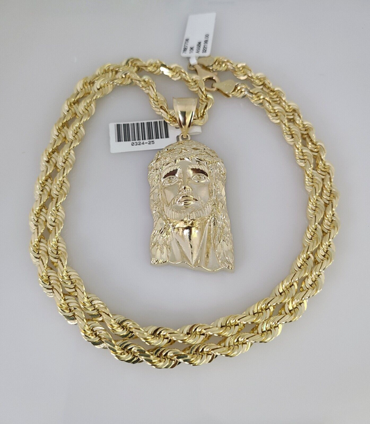10kt Gold Solid Rope Chain Jesus Head Charm Set 18"-30'' Inch 6mm Pendant