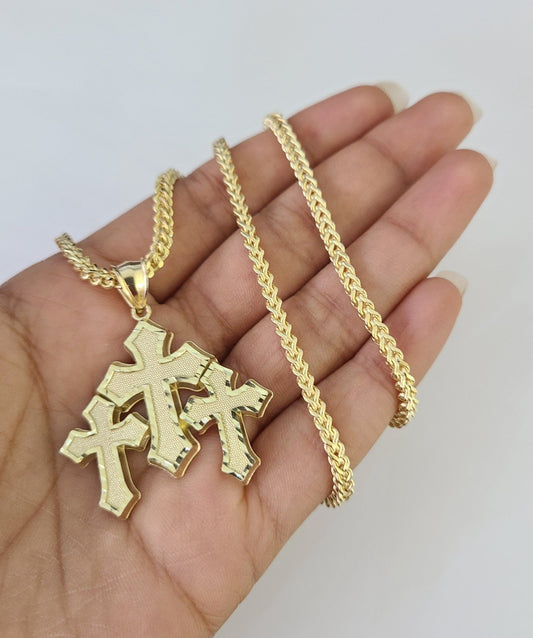 10kt Franco Chain Necklace Triple Cross Charm Pendant 3mm 18-28 Inches Gold