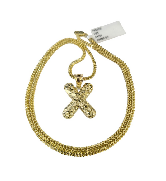 10k Gold Franco Chain 2.5mm 16"-26" X Nugget Initial Charm Pendant Necklace SET