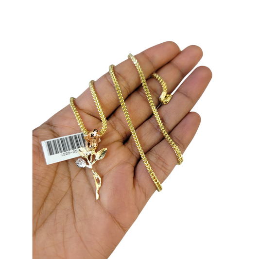 Real 10k Rose Trio Gold Charm Pendant Franco Chain Necklace SET 2.5mm 16"-26"