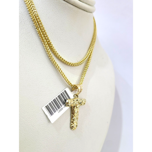 10k Gold Franco Chain Necklace 2.5mm 16"-26" T Nugget Initial Charm Pendant SET