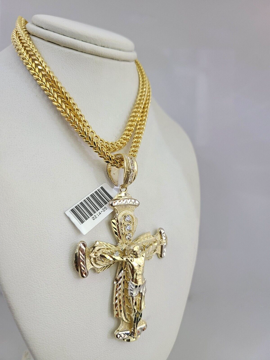 10k Yellow Gold Franco Chain Jesus Cross Charm Pendant 4mm 18-28 Inches Necklace