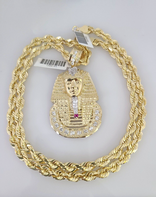 10kt Gold Solid Rope Chain Pharaoh Head Charm Set 18"-30'' Inch 6mm Pendant