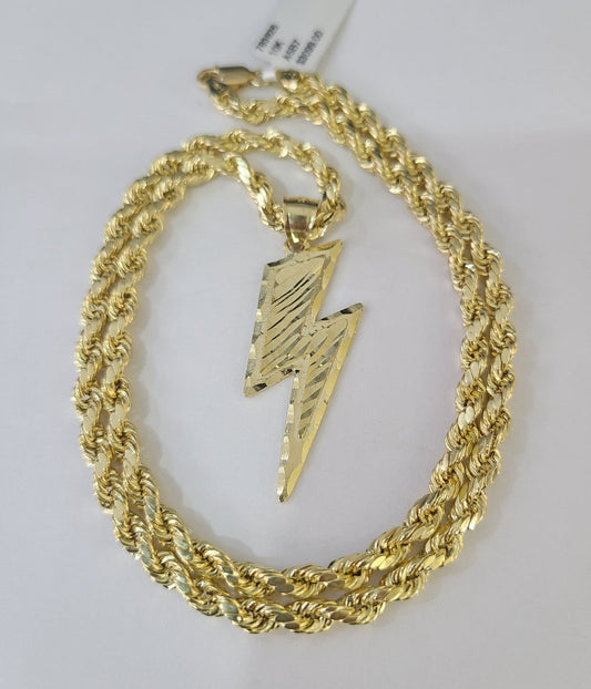 Real 10k Rope Chain Lightning Bolt Charm Necklace Pendant Set 4mm 18"-28" Gold