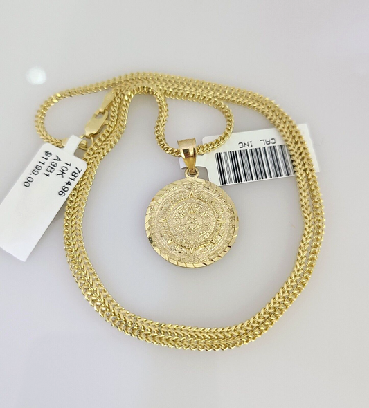 10k Gold Franco Chain Mayan Calendar Charm Pendant 2mm 18-24 Inches Necklace SET