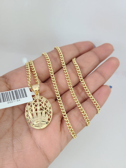 10k Gold Miami Cuban Chain Crown Charm Pendant 3mm 18-28in Necklace Set
