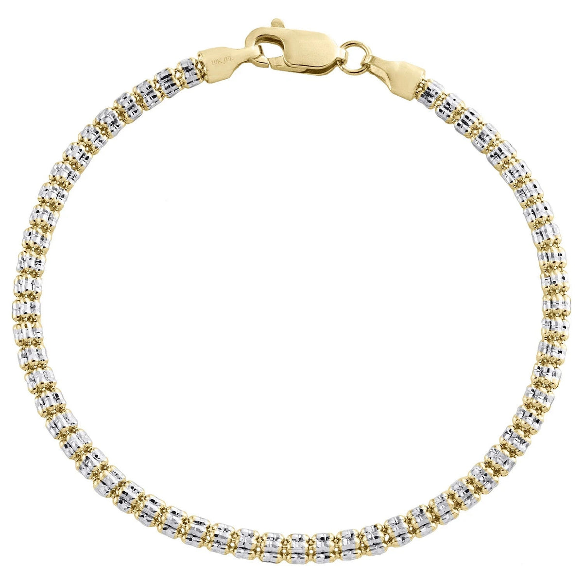 10K Yellow White Gold Two Tone 3mm Diamond Cut Ice Bead Link Bracelet 8 Inches