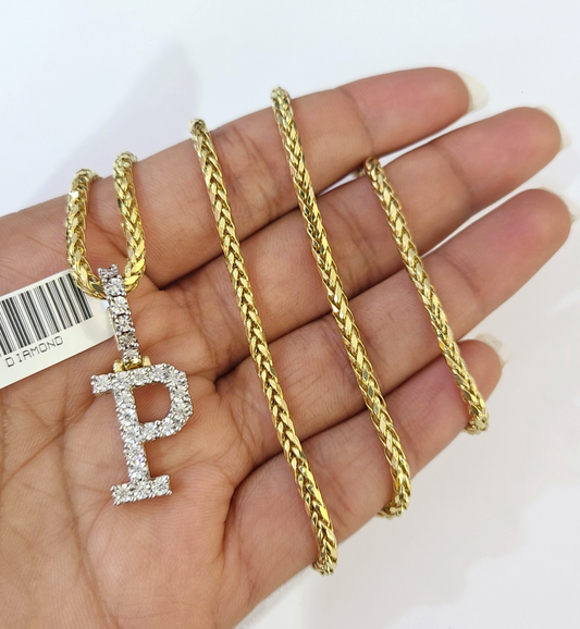 REAL 10k Yellow Gold Palm Chain P Diamond Initial Pendant Charm 3mm SET Necklace