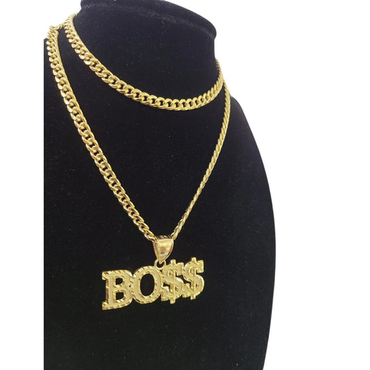 10K Yellow Gold Miami Cuban Link Chain Set Bo$$ Charm Pendant 4.5mm 18-28"