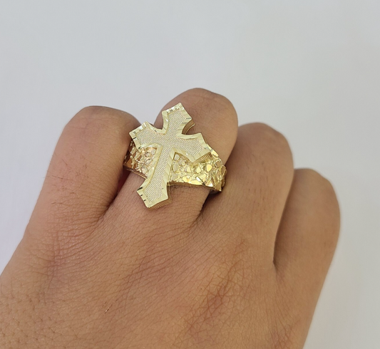 10k Jesus Cross Nugget Ring Casual Band Yellow Gold Genuine Brand New Religious