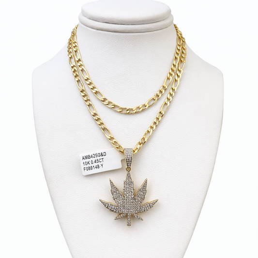 Real 10k Solid Figaro Chain Leaf Diamond Charm Necklace SET 4mm 22" Pendant