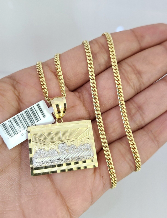 10k Gold Solid Miami Cuban Necklace Last Supper Pendant 2.5mm 18-24" Chain Set
