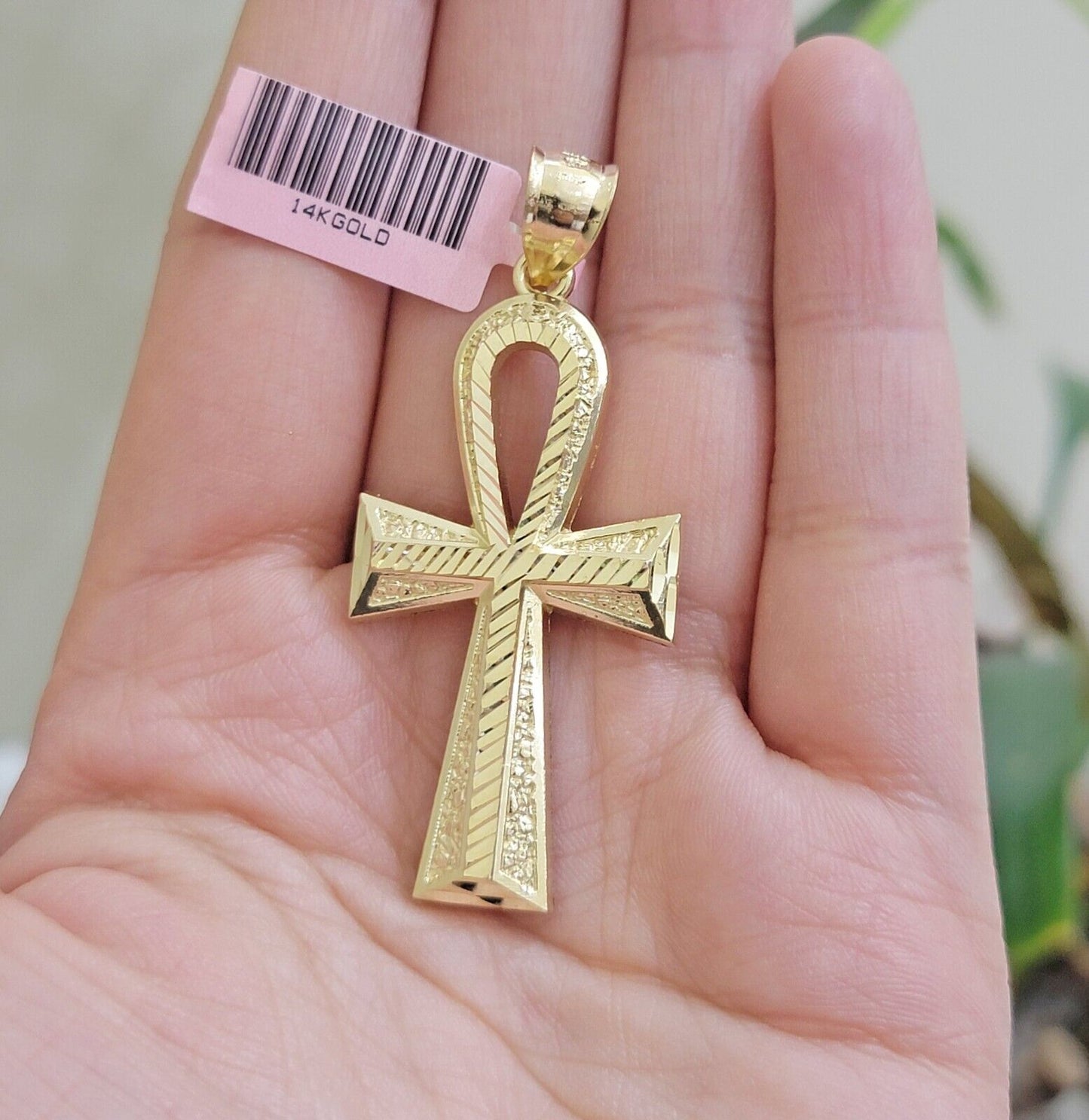 Real 14k Yellow Gold Ankh charm pendant 2.2 Inches Diamond Cuts Charm for Chains