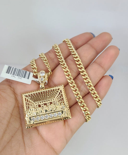 10kt Gold Miami Cuban Chain Last Supper Charm Pendant 5mm 18-28 Inch Necklace