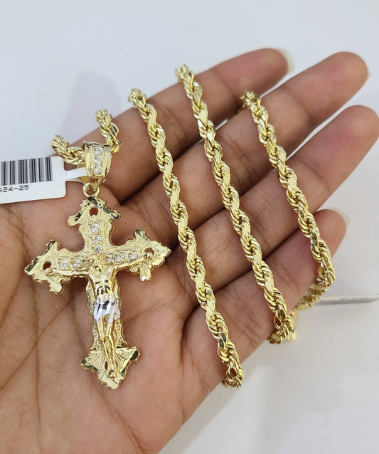 Real 10k Rope Chain Jesus Cross Charm Necklace SET 4mm 18"-28" Pendant